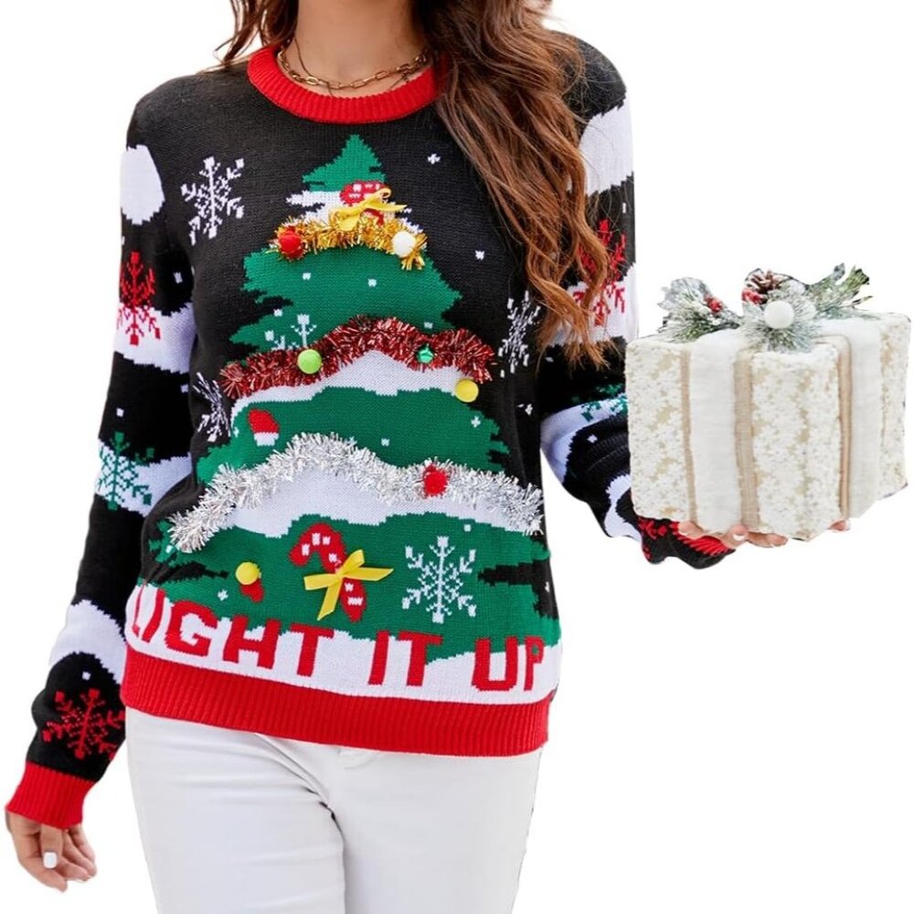 Women Green Sequin Christmas Sweater Christmas Tree Snowflake Graphic Pullover
